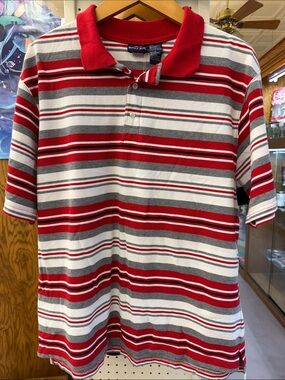 VTG Bugle Boy Red, Gray & White Striped Polo